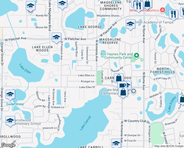 map of restaurants, bars, coffee shops, grocery stores, and more near 2505 Lake Ellen Lane in Tampa
