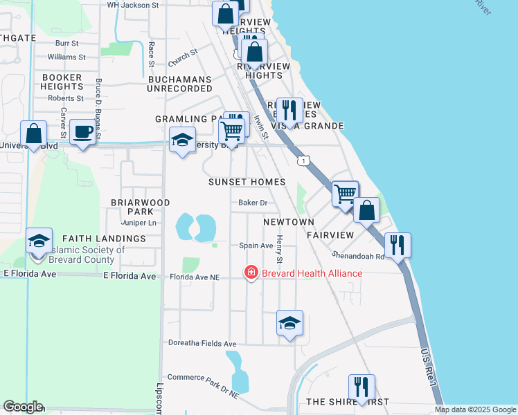 map of restaurants, bars, coffee shops, grocery stores, and more near 1309 Baker Drive in Melbourne
