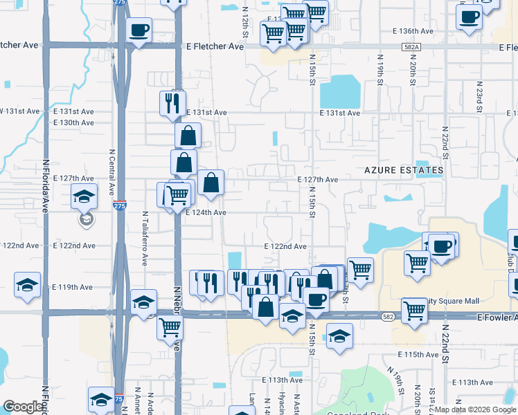 map of restaurants, bars, coffee shops, grocery stores, and more near 1206 East 124th Avenue in Tampa