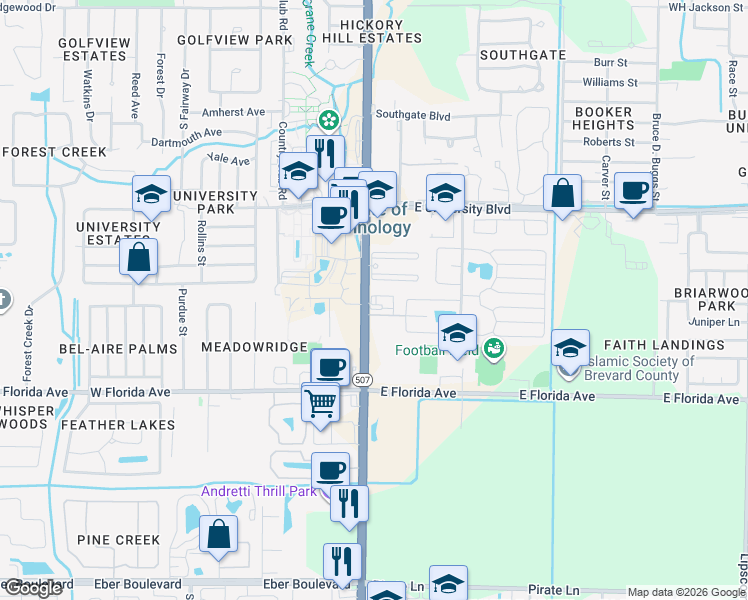 map of restaurants, bars, coffee shops, grocery stores, and more near 3227 South Babcock Street in Melbourne