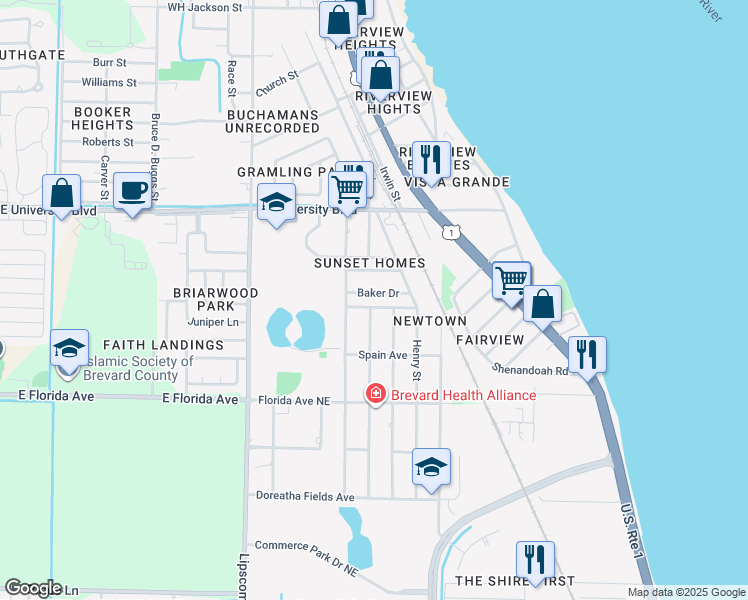 map of restaurants, bars, coffee shops, grocery stores, and more near 1309 Baker Dr in Melbourne
