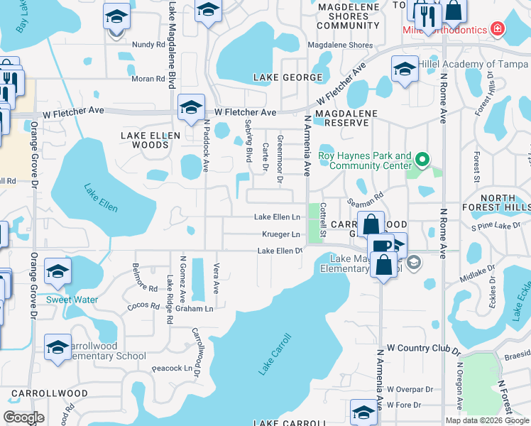map of restaurants, bars, coffee shops, grocery stores, and more near 2517 Lake Ellen Lane in Tampa