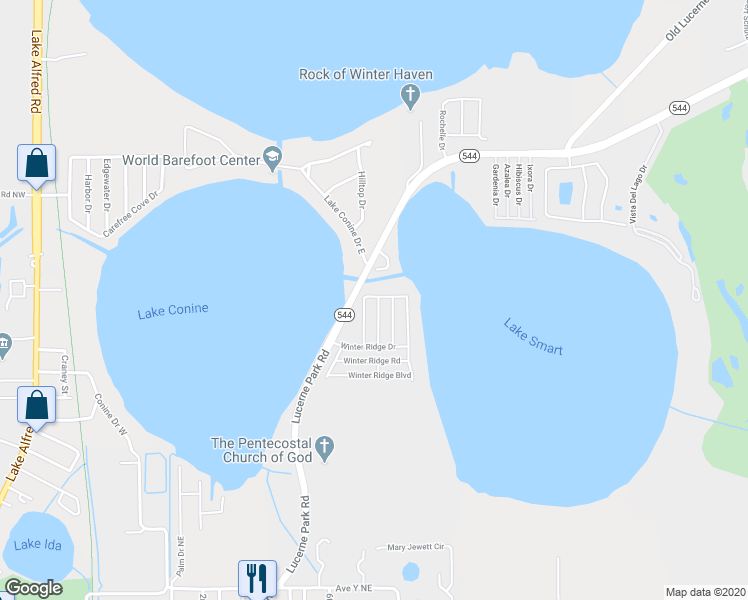 map of restaurants, bars, coffee shops, grocery stores, and more near 384 Winter Ridge Boulevard in Winter Haven