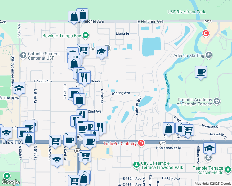 map of restaurants, bars, coffee shops, grocery stores, and more near 6119 Soaring Avenue in Temple Terrace