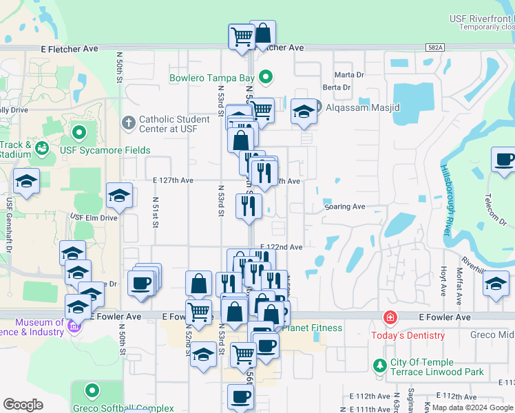 map of restaurants, bars, coffee shops, grocery stores, and more near 12315 North 56th Street in Tampa