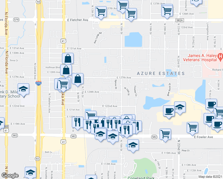 map of restaurants, bars, coffee shops, grocery stores, and more near 12410 Titus Court in Tampa