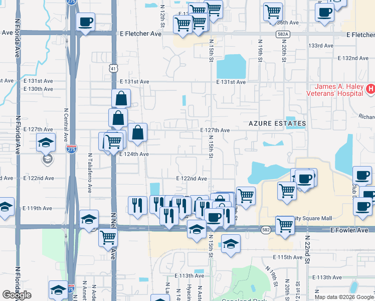 map of restaurants, bars, coffee shops, grocery stores, and more near 12410 Titus Court in Tampa