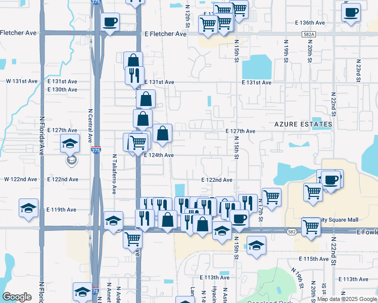 map of restaurants, bars, coffee shops, grocery stores, and more near 1112 East 124th Avenue in Tampa