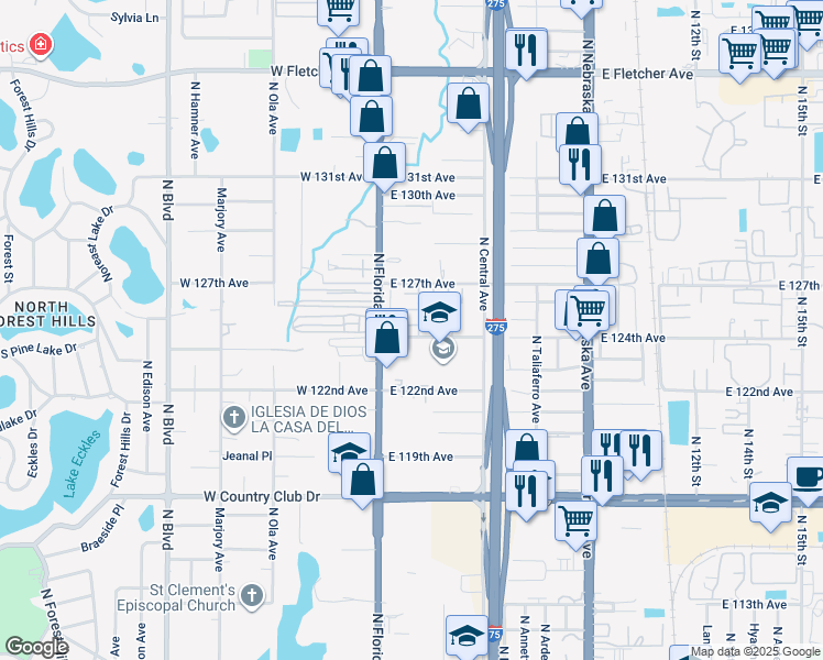 map of restaurants, bars, coffee shops, grocery stores, and more near 205 Pine Tulip Court in Tampa