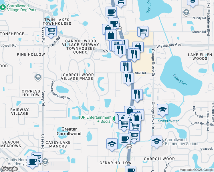 map of restaurants, bars, coffee shops, grocery stores, and more near 12416 Stillwater Terrace Drive in Tampa