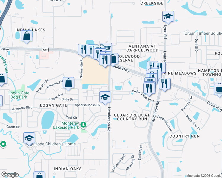 map of restaurants, bars, coffee shops, grocery stores, and more near 12706 Country Brook Lane in Tampa