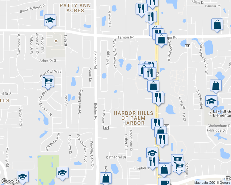 map of restaurants, bars, coffee shops, grocery stores, and more near 589 Harbor Lake Circle in Palm Harbor