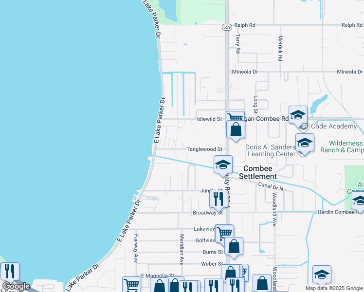 map of restaurants, bars, coffee shops, grocery stores, and more near 2402 Tanglewood Street in Lakeland