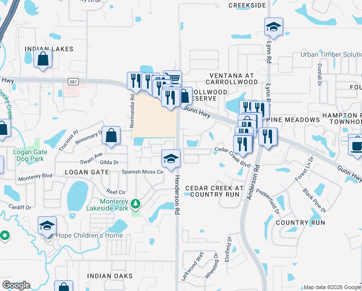 map of restaurants, bars, coffee shops, grocery stores, and more near 12706 Country Brook Lane in Tampa