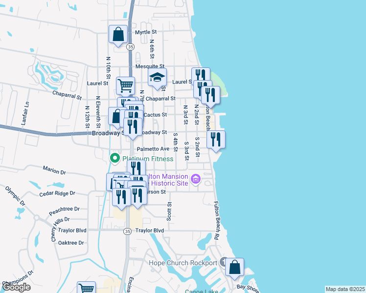 map of restaurants, bars, coffee shops, grocery stores, and more near 301 Palmetto Avenue in Rockport