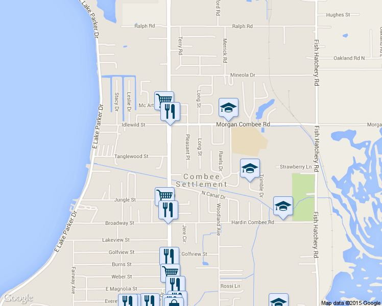 map of restaurants, bars, coffee shops, grocery stores, and more near 1225 Pleasant Place in Lakeland