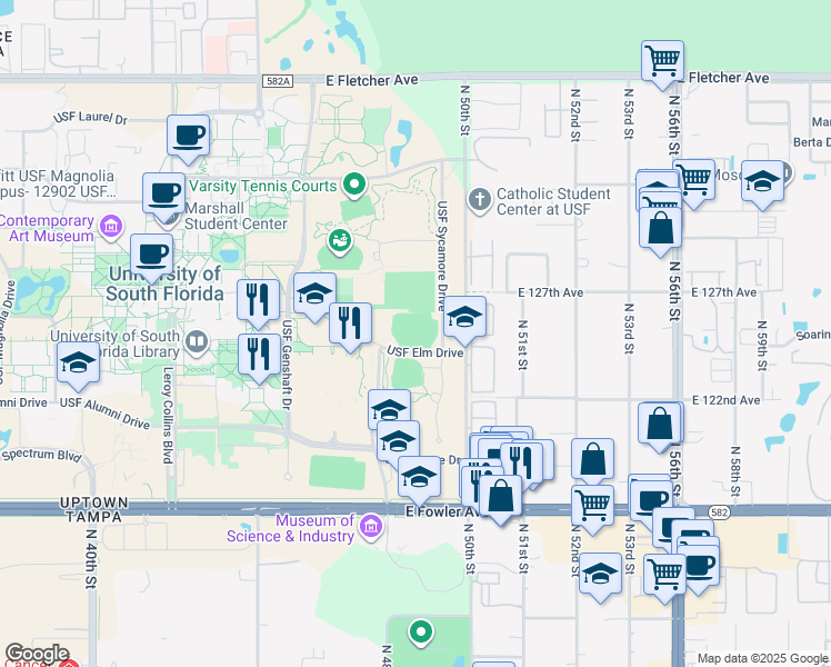 map of restaurants, bars, coffee shops, grocery stores, and more near Elm Dr in Tampa