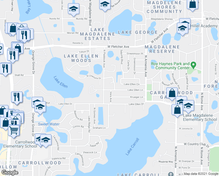 map of restaurants, bars, coffee shops, grocery stores, and more near 3003 Lake Ellen Lane in Tampa
