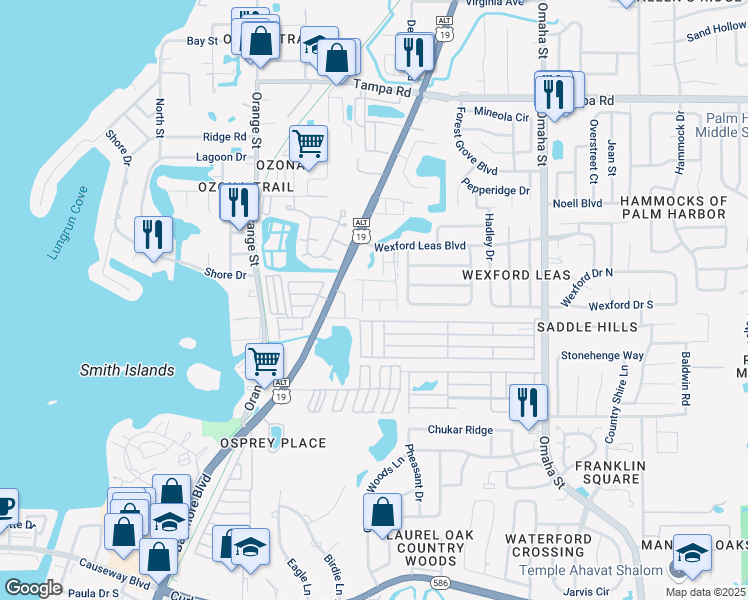 map of restaurants, bars, coffee shops, grocery stores, and more near 556 Daventry Square in Palm Harbor