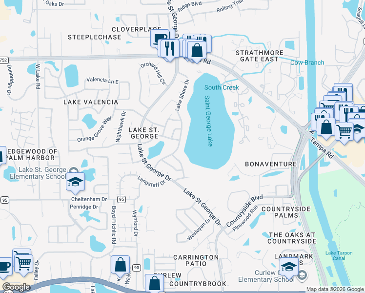 map of restaurants, bars, coffee shops, grocery stores, and more near 3803 Lake Shore Drive in Palm Harbor