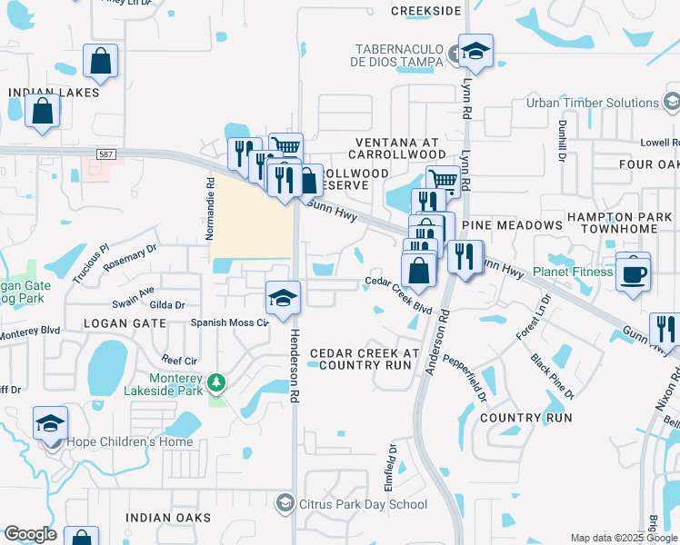 map of restaurants, bars, coffee shops, grocery stores, and more near 12705 Wood Trail Boulevard in Tampa