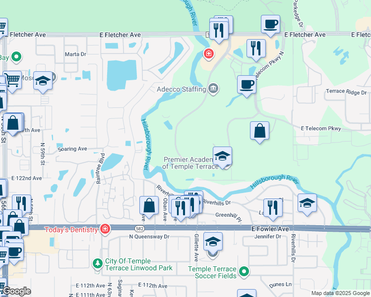 map of restaurants, bars, coffee shops, grocery stores, and more near 12653 Telecom Drive in Temple Terrace