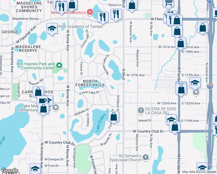 map of restaurants, bars, coffee shops, grocery stores, and more near 12119 Golfside Drive in Tampa