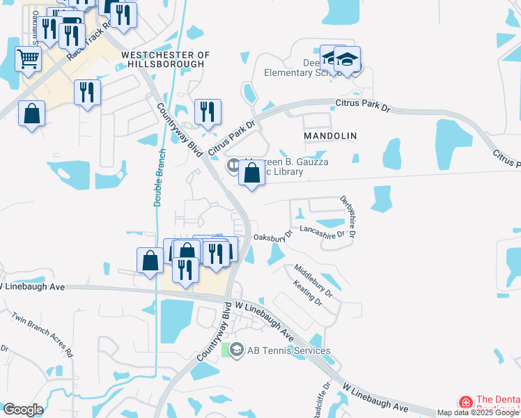 map of restaurants, bars, coffee shops, grocery stores, and more near 11934 Derbyshire Drive in Tampa