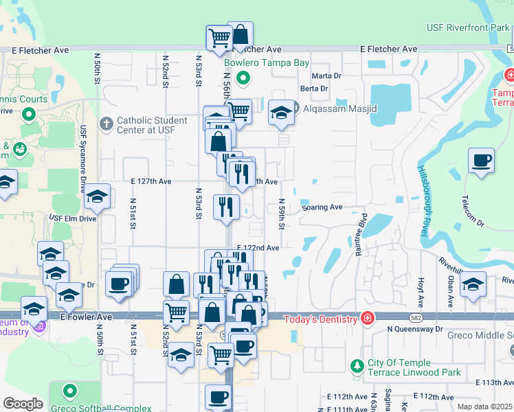 map of restaurants, bars, coffee shops, grocery stores, and more near 12425 Touchton Drive in Tampa