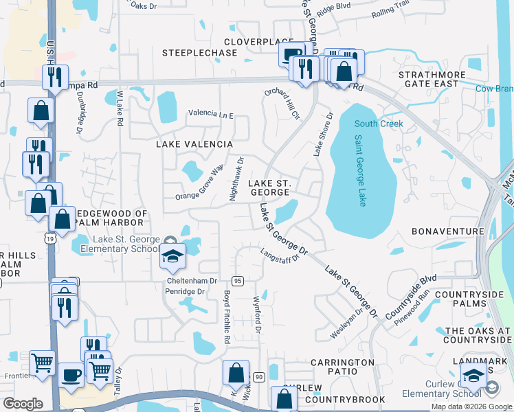 map of restaurants, bars, coffee shops, grocery stores, and more near 2694 Kavalier Drive in Palm Harbor