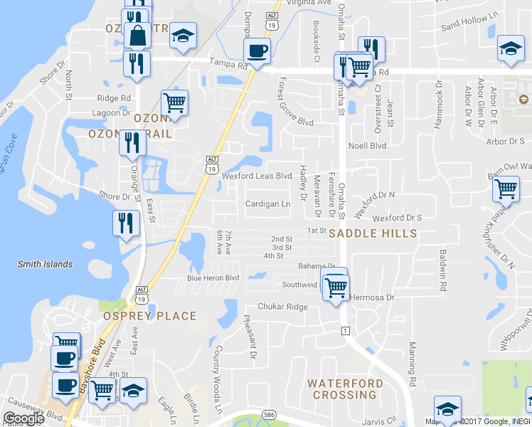 map of restaurants, bars, coffee shops, grocery stores, and more near 961 Cortland Way in Palm Harbor