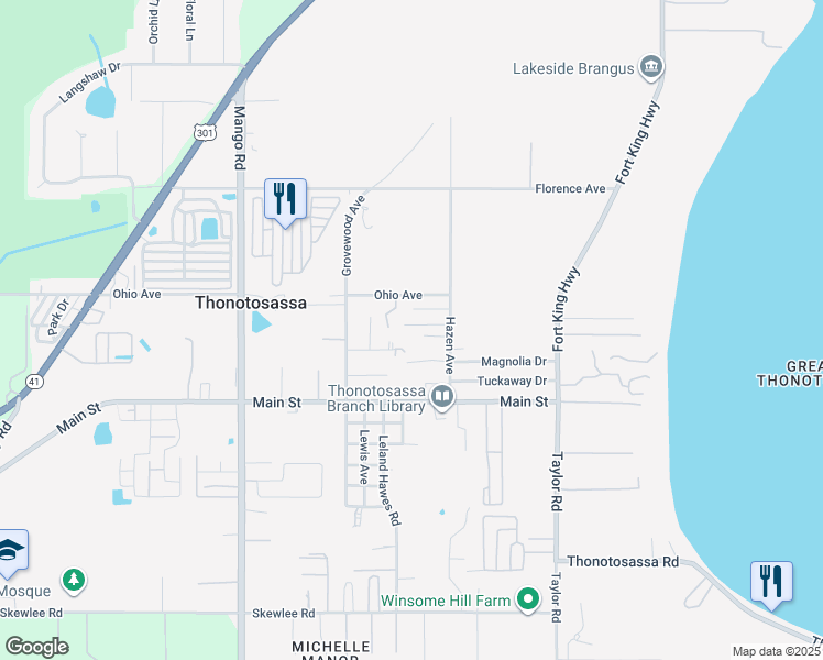 map of restaurants, bars, coffee shops, grocery stores, and more near 10707 Toby Lane in Thonotosassa