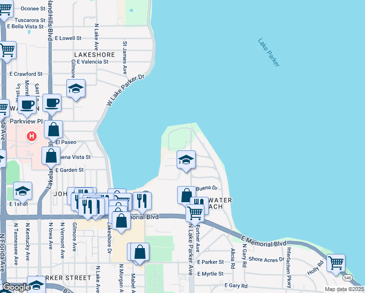 map of restaurants, bars, coffee shops, grocery stores, and more near 1280 North Lake Parker Avenue in Lakeland