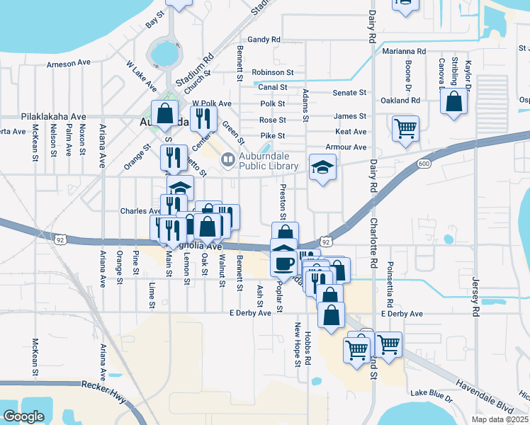 map of restaurants, bars, coffee shops, grocery stores, and more near 403 Cleveland Street in Auburndale