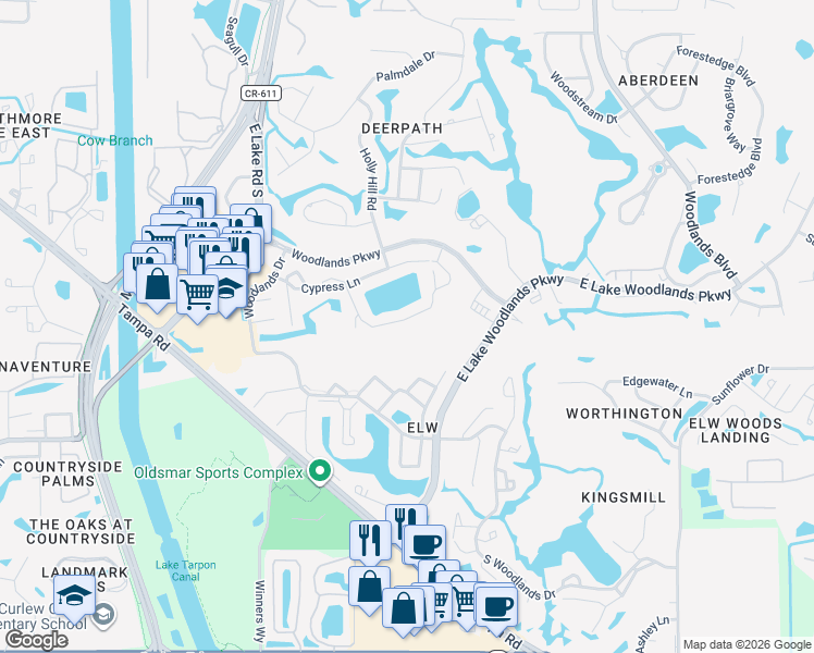 map of restaurants, bars, coffee shops, grocery stores, and more near 254 Woodlake Wynde in Oldsmar