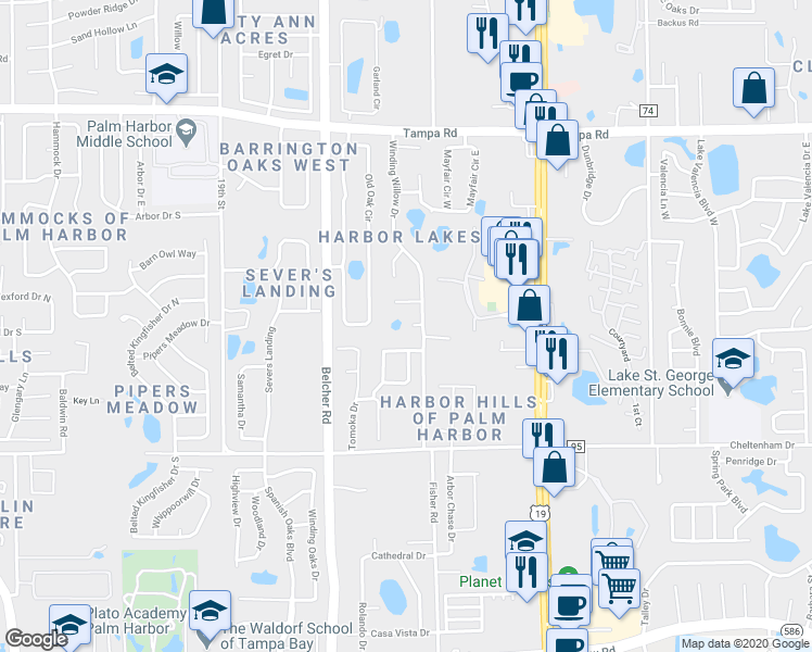 map of restaurants, bars, coffee shops, grocery stores, and more near 589 Harbor Lake Circle in Palm Harbor