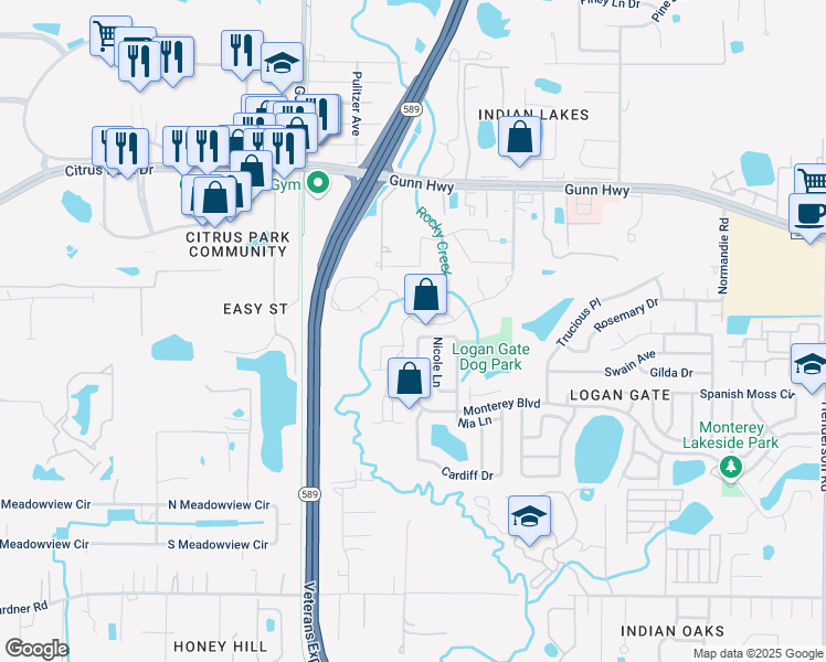 map of restaurants, bars, coffee shops, grocery stores, and more near 7350 Monterey Boulevard in Tampa