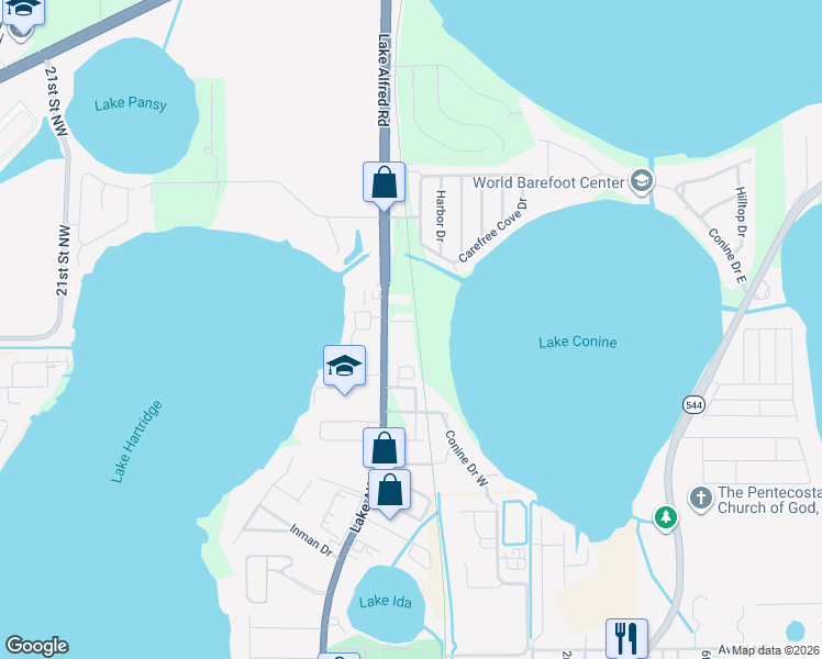 map of restaurants, bars, coffee shops, grocery stores, and more near 110 Oak Crest Drive Northwest in Winter Haven