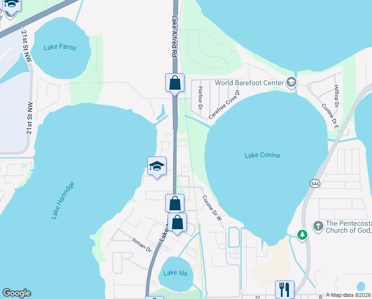 map of restaurants, bars, coffee shops, grocery stores, and more near 106 Oak Crest Drive Northwest in Winter Haven