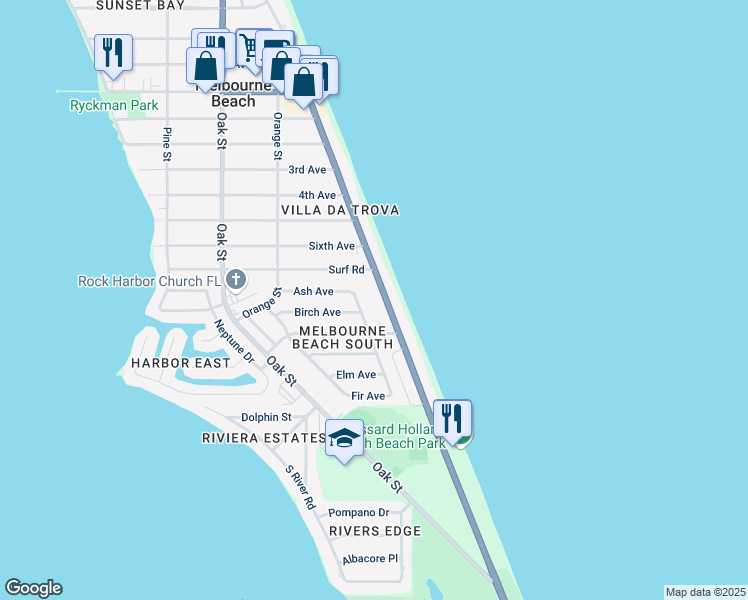 map of restaurants, bars, coffee shops, grocery stores, and more near 1805 Redwood Avenue in Melbourne Beach