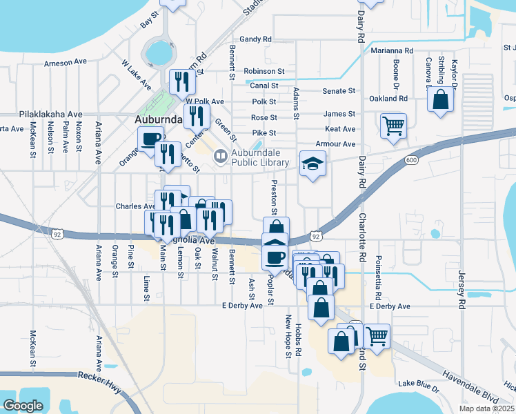 map of restaurants, bars, coffee shops, grocery stores, and more near 403 Cleveland Street in Auburndale