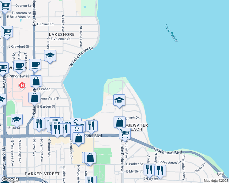 map of restaurants, bars, coffee shops, grocery stores, and more near 1280 North Lake Parker Avenue in Lakeland