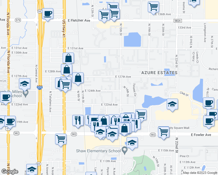 map of restaurants, bars, coffee shops, grocery stores, and more near 12410 Titus Court in Tampa