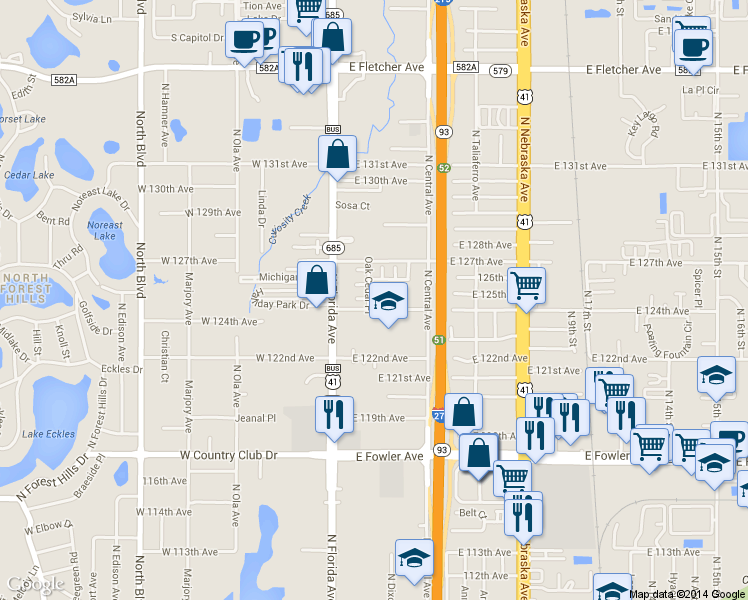 map of restaurants, bars, coffee shops, grocery stores, and more near 205 Pine Tulip Court in Tampa