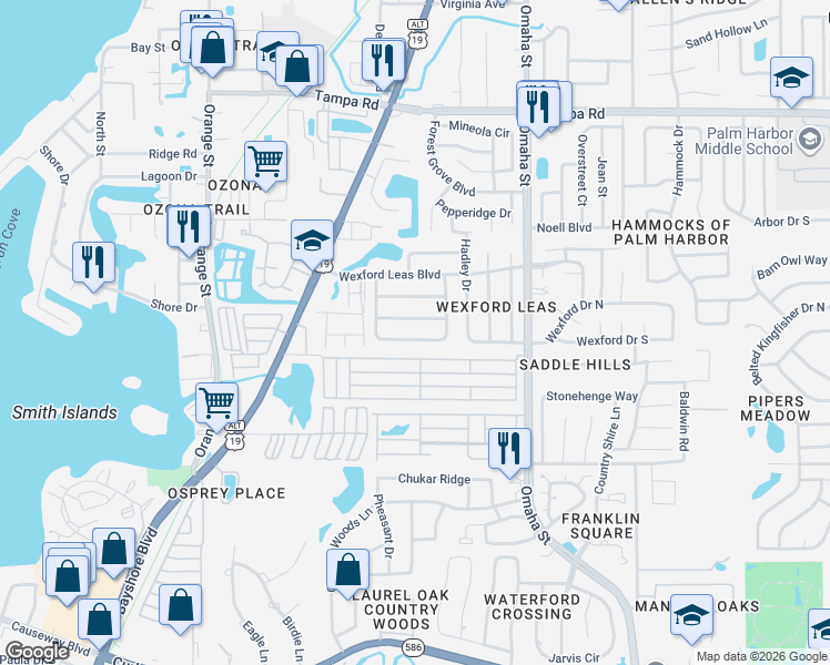 map of restaurants, bars, coffee shops, grocery stores, and more near 961 Cortland Way in Palm Harbor