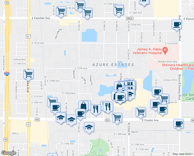 map of restaurants, bars, coffee shops, grocery stores, and more near 12501 Tinsley Terrace Drive in Tampa