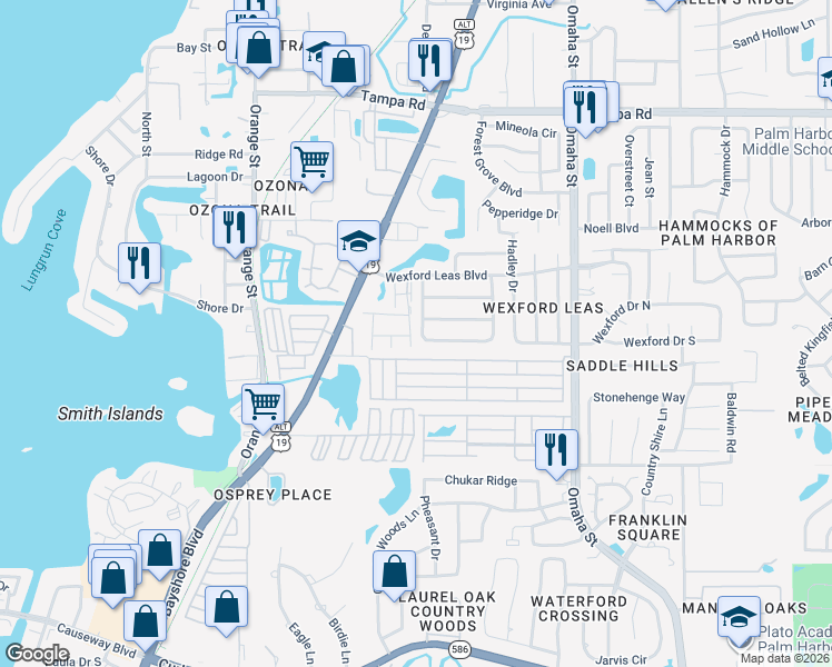map of restaurants, bars, coffee shops, grocery stores, and more near 496 Daventry Square in Palm Harbor
