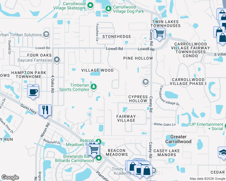 map of restaurants, bars, coffee shops, grocery stores, and more near 12823 Darby Ridge Drive in Tampa