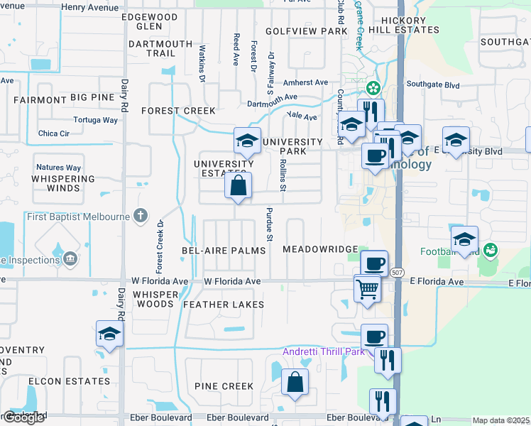map of restaurants, bars, coffee shops, grocery stores, and more near 3302 Purdue Street in Melbourne