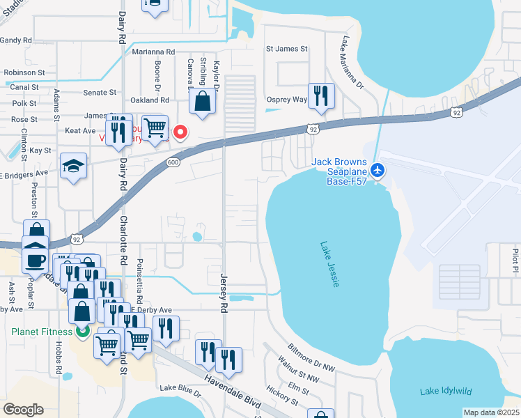 map of restaurants, bars, coffee shops, grocery stores, and more near 752 Lake Jessie Drive in Winter Haven